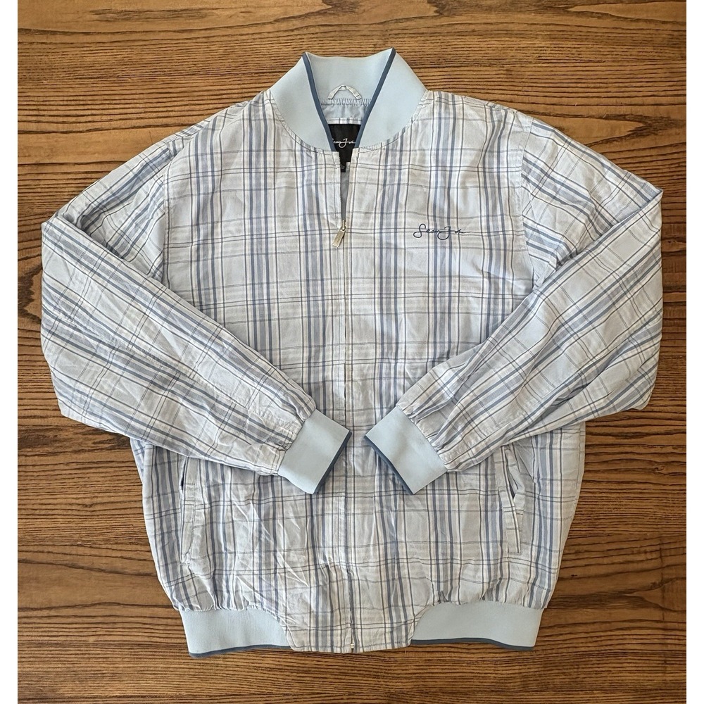 Vintage Sean John Men's Large Baby Blue Plaid Full Zip  Bomber Jacket